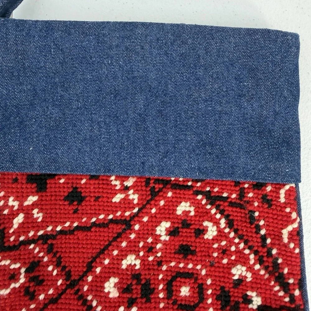 Vintage Needlepoint Christmas Stocking Wool Red Bandana Denim Large‎ Set Of 2